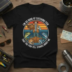 I'm So Good At Catching Fish That The Fish Tell Stories About Me quote on a t-shirt with a fisherman