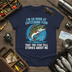 I'm So Good At Catching Fish That The Fish Tell Stories About Me humorous fishing quote on a navy t-shirt
