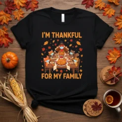 I'm Thankful For My Family Thanksgiving t-shirt with a turkey and masked animals at a dinner table
