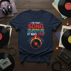 T-shirt with the quote "I'm That Song You Skipped and Found Out Later It Was Fire" featuring a flaming vinyl