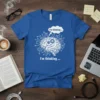 Blue t-shirt with white graphic of a brain with gears and circuit lines, saying "I'm thinking ..."