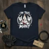 I'm This Many 4 text with guitar and rock on hands graphic on a navy blue t-shirt for a fourth