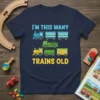 I'm This Many Trains Old t-shirt design with colorful cartoon trains in blue, green, and yellow, perfect for a child's