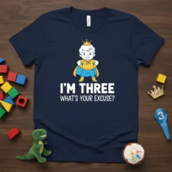 I'm Three What's Your Excuse? birthday t-shirt design with a cartoon boy wearing a crown and cape