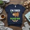 I'm Tired Please Hug sloth graphic t-shirt with white and green text and a cute sloth hanging from a branch