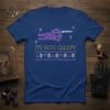 Blue t-shirt with "I'm With Creepy" text in yellow, featuring a pixelated purple hand holding a knife and a knitted