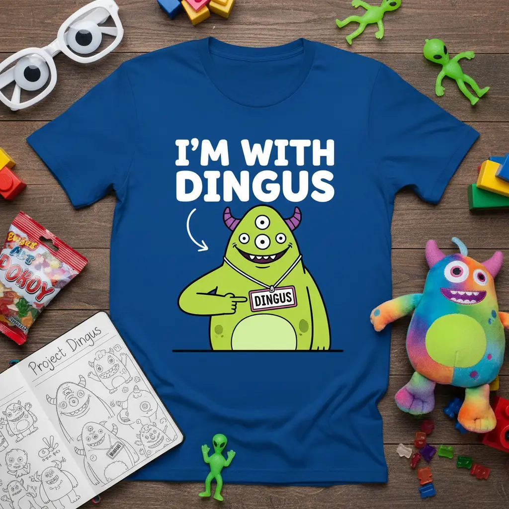 I'm With Dingus humorous quote with a cartoon green monster pointing to its name tag on a blue tee