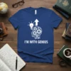 I'm With Genius T-Shirt with a graphic of a head filled with gears and a lightbulb representing intellect