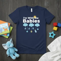 Navy t-shirt with "i'm With the Babies" text and cute baby-themed graphics including clouds, pacifiers, and a baby bottle