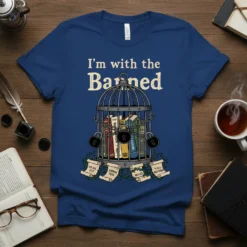 T-shirt featuring the text "I'm with the Barned" above a cage full of books, with smaller scrolls around it