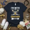I'm With The Cheerleader text with a leaping cheerleader graphic and arrow on a navy t-shirt