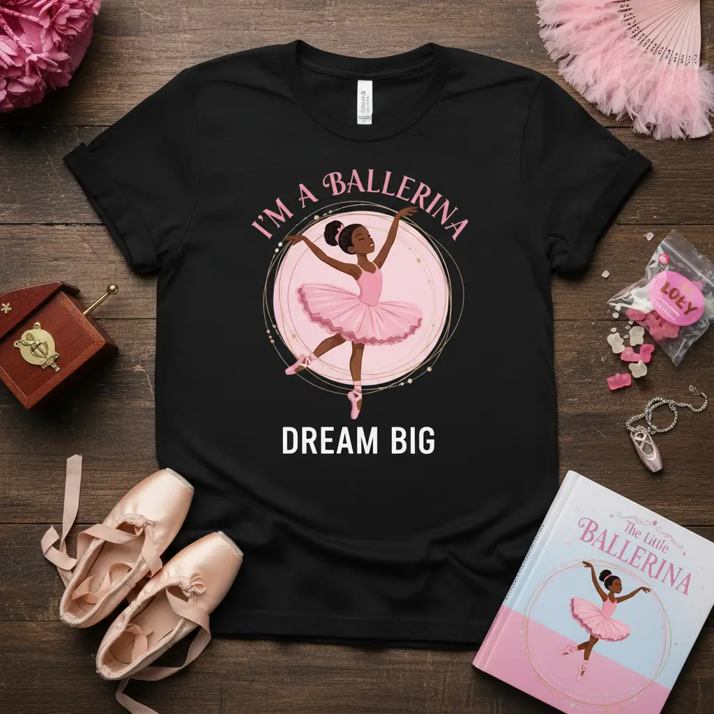 I'm a Ballerina Dream Big quote with illustration of a young Black ballerina in pink tutu on black t-shirt