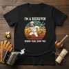 Funny beekeeper t-shirt with text "I'm a Beekeeper When I Run, Run Too!" and cartoon bees chasing a beekeeper
