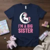 I'm A Big Sister text with a cute unicorn on a moon graphic, navy blue t-shirt