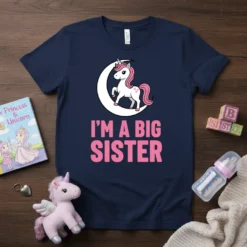 I'm A Big Sister text with a cute unicorn on a moon graphic, navy blue t-shirt