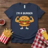 I'm A Burger text above a cartoon of a muscular hamburger character flexing its biceps on a navy t-shirt