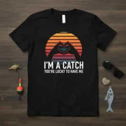 Fishing t-shirt with text "I'M A CATCH YOU'RE LUCKY TO HAVE ME" and heart hands over water graphic
