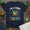 I'm A Cuber What's Your Superpower? text with a colorful Rubik's cube graphic and math equations on a navy t-shirt