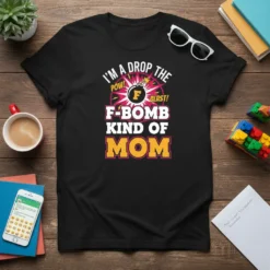Black t-shirt with "I'm a Drop the F-Bomb Kind of Mom" text and a bomb graphic. Features POW! and BLAST!