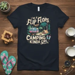 I'm a Flip Flops and Camping Kinda Girl text design with vintage camper, tent, and campfire graphic