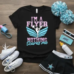 Cheerleader t-shirt with "I'M A FLYER NOTHING Scares me" text and a graphic of a flyer in a split position