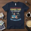 I'm a Gamer Dad Like a Normal Dad Only Much Cooler quote on a navy t-shirt, featuring dad and son