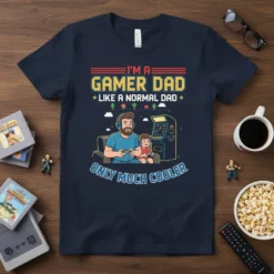 I'm a Gamer Dad Like a Normal Dad Only Much Cooler quote on a navy t-shirt, featuring dad and son