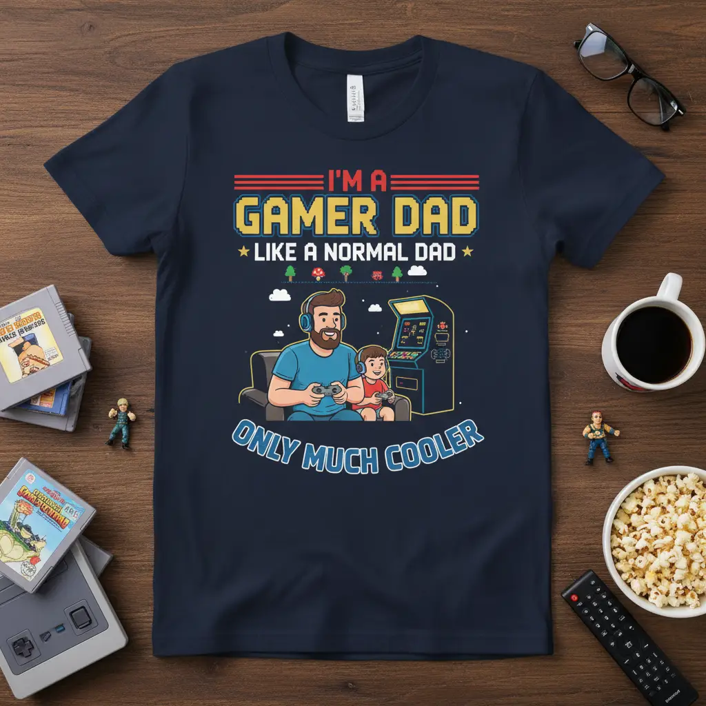 I'm a Gamer Dad Like a Normal Dad Only Much Cooler quote with pixel art and gaming illustration on a t-shirt