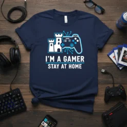 I'm A Gamer Stay At Home text design with a video game controller and castle graphic on a navy t-shirt
