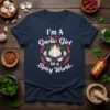 I'm A Garlic Girl in a Spicy World quote on a navy t-shirt, featuring a garlic bulb surrounded by chili
