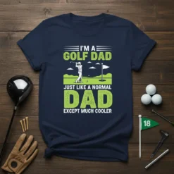 I'm A Golf Dad Just Like A Normal Dad Except Much Cooler text design with golfer graphic on navy t-shirt