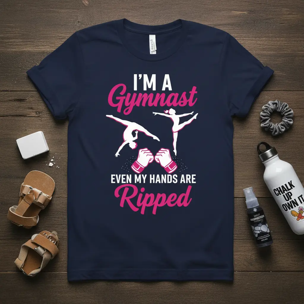 I'm A Gymnast EVEN MY HANDS ARE Ripped quote with gymnast figures and boxing gloves graphic on a dark blue tee