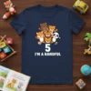 T-shirt with "I'M A HANDFUL 5" text and a graphic of cute cartoon animals including a fox, bear, lion, tigers