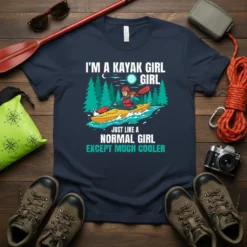 I'm a Kayak Girl Just Like a Normal Girl Except Much Cooler quote on a navy t-shirt with a graphic