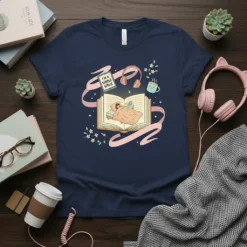 Navy t-shirt with "I'm A Kindle Girlie" text, featuring a girl reading in bed surrounded by books and headphones
