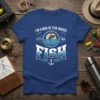 I'm a man of few words let's fish quote with a leaping fish graphic on a navy blue t-shirt