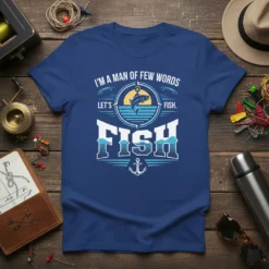 I'm a man of few words let's fish quote with a leaping fish graphic on a navy blue t-shirt