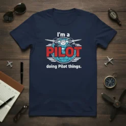 Navy blue t-shirt with "I'm a PILOT doing Pilot things." text and airplane graphic above a globe