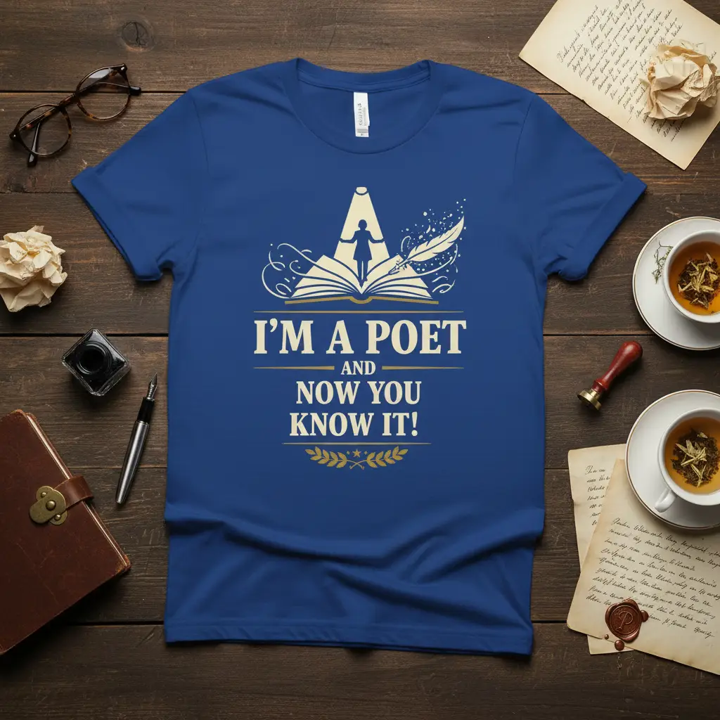 I'm A Poet And Now You Know It quote on a blue tee with open book and quill graphic
