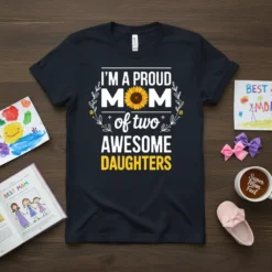 I'm A Proud Mom of Two Awesome Daughters quote with sunflower graphic on a navy t-shirt