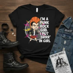 T-shirt design with text "I'M A PUNK ROCK GIRL I PUT 'GRRR' IN GIRL" and a cartoon punk girl graphic