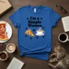 T-shirt with black text "I'm a Simple Women" above graphics of pizza slice and coffee cup, surrounded by paw prints