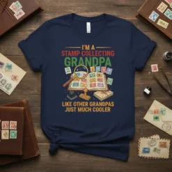 T-shirt with "I'm A Stamp Collecting Grandpa Like Other Grandpas Just Much Cooler" text and stamp collecting graphics