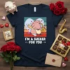 I'm A Sucker For You text with a cute pig playing saxophone on a heart background, navy t-shirt design
