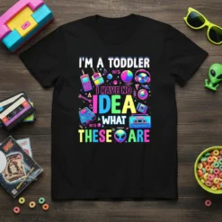 Toddler wearing a black t-shirt with the text "I'm A Toddler 90's I Have No Idea What These Are" in