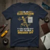 Electrician T-Shirt with yellow text "I'm an Electrician if I Dance Without Music Shut the Main Breaker Off" and skeleton