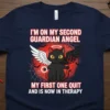 Black cat with wings and devil horns holding a trident, text reads "I'm on my second guardian angel my first