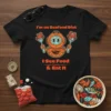 Black t-shirt with "I'm on Seafood Diet I See Food & Eat It" text and a cartoon diver holding crabs