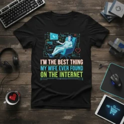 T-shirt design with text "I'm the best thing my wife ever found on the internet" featuring a man sitting in