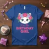 I'm the Birthday Girl t-shirt with a cute white cat wearing a floral crown, pink text below
